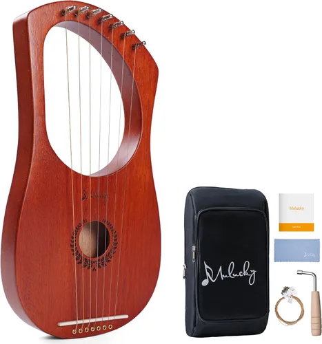 Arpa de Lira Mulucky 7 Cuerdas de Metal Arpa de Acero con Silla de Hueso de Hueso de Caoba con Llave de Afinación y Bolsa de Concierto Negra - MLH701