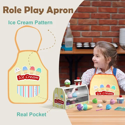 Miniatura 4 de Juego de helado para niños - Juguetes de simulación para niñas de 3 a 4 años Comida para mostrador de helados con delantal, cuchara, menú, dinero