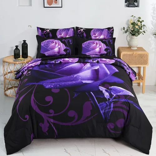 Xruibed Juego de edredón floral tamaño King de 7 piezas en una bolsa, edredón de flores de rosas moradas con juego de sábanas de microfibra suave (1