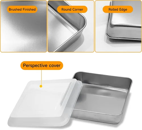 Miniatura 4 de Juego de moldes cuadrados de acero inoxidable de 6 x 6 pulgadas con tapa para hornear lasaña, con tapa para pasteles, brownies, galletas, horno apto