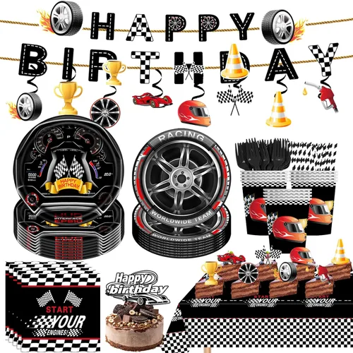 Juego de vajilla de 139 piezas de decoración de fiesta de cumpleaños de autos de carreras para 20, decoraciones de cumpleaños todo en 1, incluye