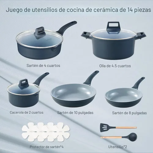 Miniatura 2 de CAROTE Juego de 14 piezas de utensilios de cocina de cerámica, juego de ollas y sartenes antiadherentes con revestimiento cerámico, juegos de cocina