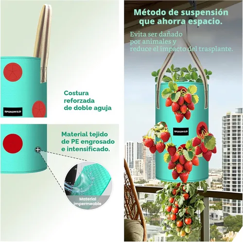 Miniatura 4 de Paquete de 3 bolsas colgantes de fresas, bolsas de cultivo colgantes de 1 galón con agujero de plantación inferior, maceta de fresa de polietileno