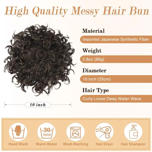 Miniatura 2 de PEACOCO Extension de Moño Despeinado Corto y Rizado con Cordones Elásticos, Piezas de Cabello Sueltas para Mujeres con Cabello Fino, Fibra Sintética