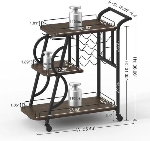 Miniatura 2 de Carrito de bar rústico, carritos de bar rodantes de 3 niveles para el hogar, carrito de servicio industrial para el hogar con soporte para copas