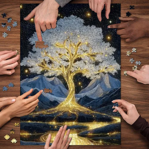 Miniatura 6 de Rompecabezas de árbol de la vida dorado para adultos de 1000 piezas, rompecabezas de paisaje de árbol brillante de fantasía con montañas de cielo