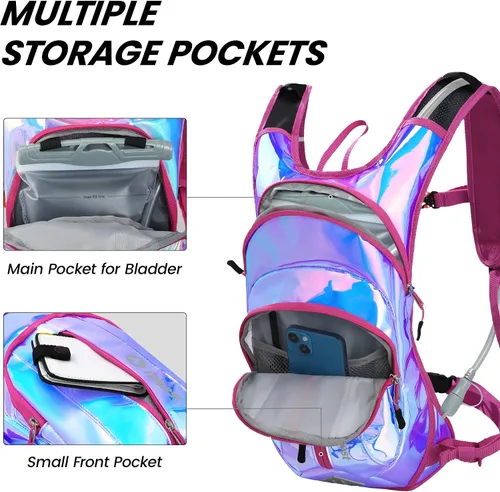 Miniatura 2 de Nepest Hydration Pack Backpack for Women & Men, Lightweight Water Backpack with 2L Water Bladder for Hiking Cycling Running Biking Holográfico - Rosa