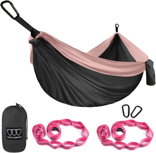 Gold Armour Hamaca de camping – Hamaca doble XL, hamaca portátil, accesorios de camping, equipo para exteriores e interiores con correas de árbol,
