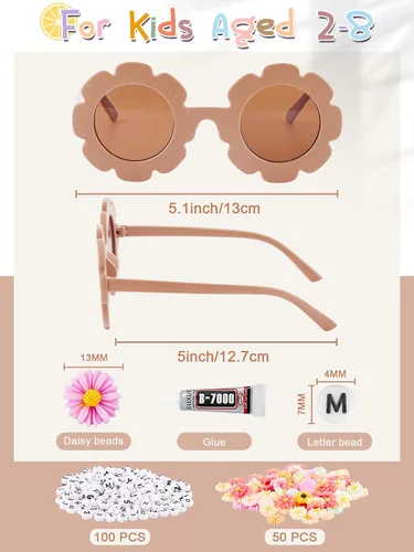 Miniatura 15 de Dunzy 10 pares de lentes de sol redondos de flores para niños, gafas de bricolaje para exteriores, con 50 margaritas, 100 cuentas de letras al azar