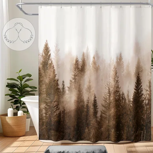 Miniatura 12 de ORTIGIA 36x72 Cortina de ducha de bosque nebuloso para baño pequeño, cortina de ducha estrecha de naturaleza y bosque en blanco y negro con ganchos