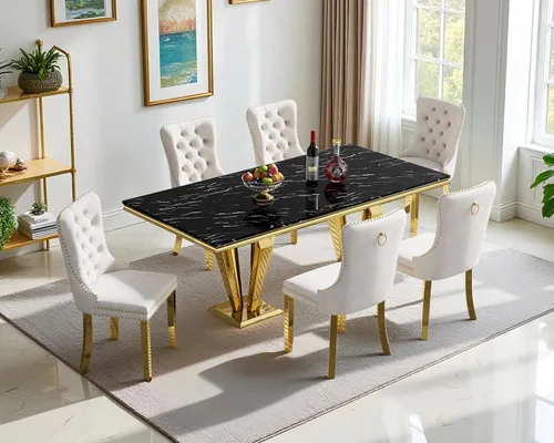 Miniatura 25 de Henf Juego de mesa de comedor de mármol sintético de 68 pulgadas para 6, juego de mesa de comedor de 7 piezas con 6 sillas copetudas de terciopelo