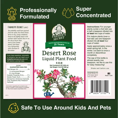 Miniatura 2 de Fertilizante Líquido para Plantas Desert Rose de Farmer's Secret (8 onzas) - Súper Concentrado - Promueve la Floración y el Crecimiento del Tronco