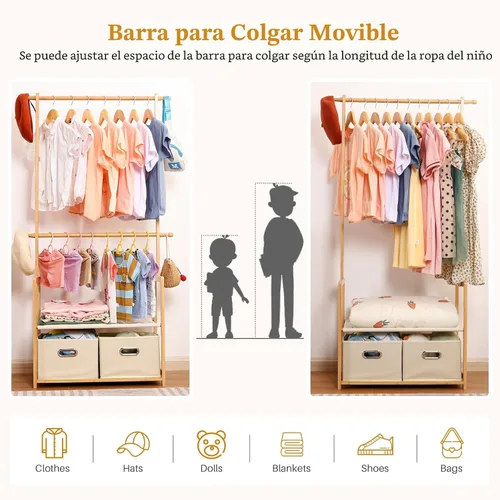 Miniatura 3 de Perchero de bambú para niños con 2 cestas de almacenamiento y 2 varillas ajustables para colgar, soporte para ropa infantil con estante, estantes