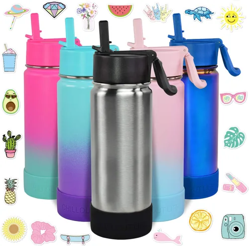 Miniatura 10 de CHILLOUT LIFE - Botella de agua aislada de 17 onzas con tapa con pajilla para niños, a prueba de fugas y bonitas calcomanías impermeables, termo
