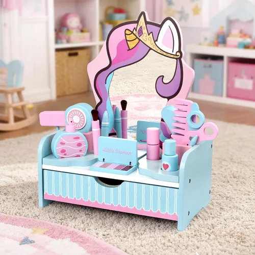 Miniatura 3 de Atoylink Juego de tocador de maquillaje de madera para niñas, juguetes de mesa para niños con espejo, cajón, juego de peluquería y accesorios