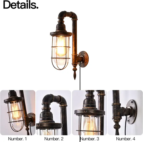 Miniatura 2 de Lámpara de pared industrial enchufable con base E26 Edison, estilo retro vintage, luces de pared con cable enchufable ajustable de 5.9 pies, aplique