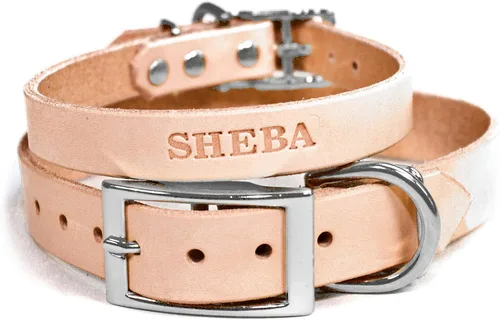 Miniatura 11 de Collar de perro de cuero de brida personalizado hecho a mano, nombre de mascota grabado, herrajes en tono níquel/plateado (marrón desgastado)