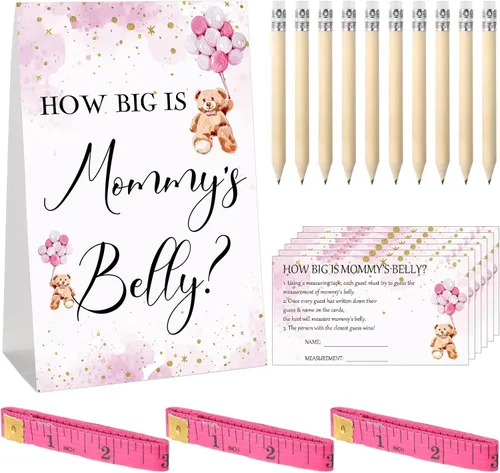 Miniatura 30 de Sabary 64 Piezas Juegos de Baby Shower Incluyen Letrero How Big is Mommy's Belly Sign Measure Bump Game 50 Tarjetas 10 Lápices 3 Cintas Métricas