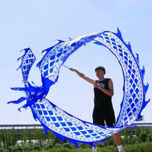 Miniatura 8 de 19.6 pies de seda azul dragón Poi, cinta de práctica con espiral de dragón lanzador con barra de mano de fibra de vidrio elástica de 35.4 in + bolsa