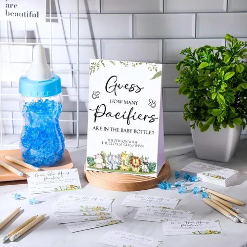 Miniatura 4 de Roowest 512 piezas de juegos de baby shower Adivina cuántos chupetes letrero, 100 pequeños juegos de adivinanzas, 10 lápices HB, botella de leche