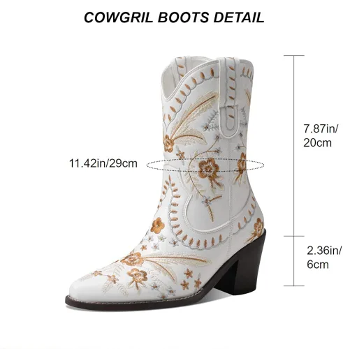 Miniatura 5 de Uacllcau Botas vaqueras bordadas para mujer botas vaqueras florales de tacón bajo y grueso botas occidentales para boda vestido de novia