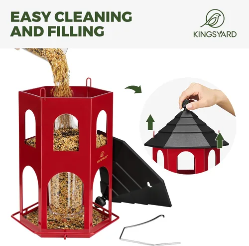 Miniatura 4 de Kingsyard Comedero de metal para colgar en exteriores, comederos para pájaros silvestres con percha circular, fácil de limpiar y rellenar, gran Rojo