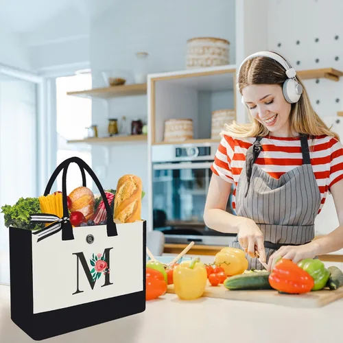 Miniatura 183 de Bolsa de lona con inicial, regalos de cumpleaños personalizados para mujeres, madres, amigas y profesoras, bolsas de mano con monograma adecuadas