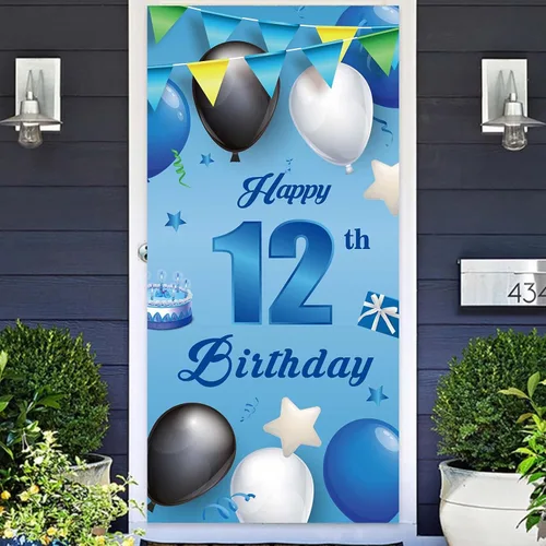 Miniatura 8 de Cartel azul de feliz cumpleaños número 11, globos de fondo de estrellas, confeti y saludos a los 11 años, decoración temática de puerta, porche