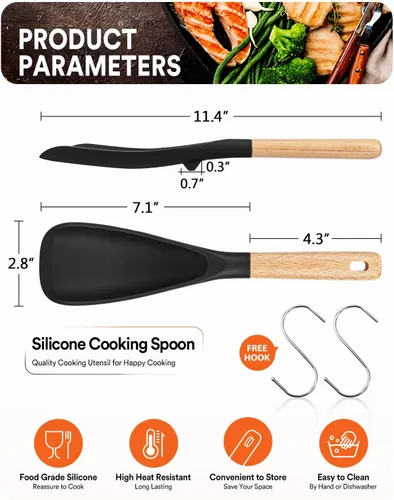 Miniatura 2 de Cuchara de cocina para utensilios de cocina antiadherentes, ideal para cocinar y servir silicona mate resistente sin BPA, cuchara con mango de Negro
