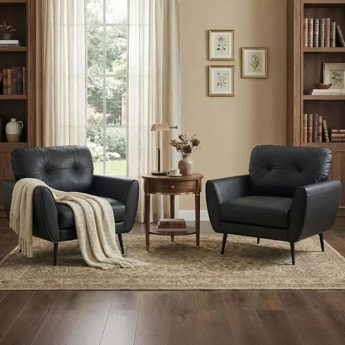 TYBOATLE Juego de 2 sillas de acento, cómodas sillas modernas de sala de estar de cuero negro para lectura, sillas de acento tapizadas estilo