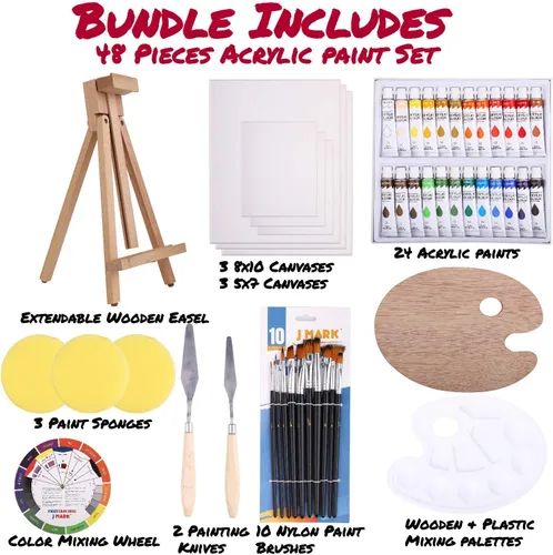 Miniatura 2 de J MARK Kit de pintura de lujo para adultos, 48 piezas, incluye caballete de madera ajustable, lienzos gruesos, pinturas acrílicas, juego