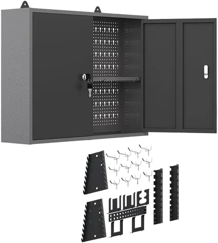 Miniatura 8 de JZD Gabinete de almacenamiento montado en la pared de acero, gabinetes de herramientas colgantes de metal, para taller de garaje, negro y gris