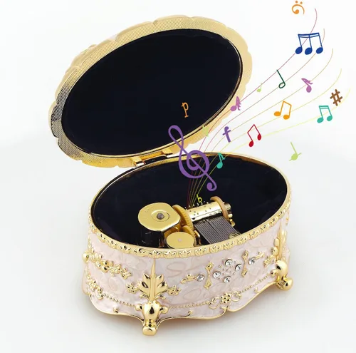 Miniatura 14 de ROSIKING Caja de música de aleación de metal en relieve en forma de corazón azul, caja musical antigua para joyería con cuerda, regalos