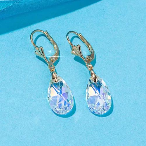 Miniatura 6 de Aretes con dijes con forma de lágrima de cristal austriaco, para mujer, cierre catalán, chapados en oro de 14quilates joyas hipoalergénicas