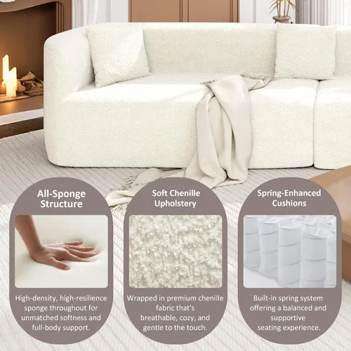 Miniatura 4 de Sofá moderno sin hueso con diseño curvo, sofá modular de felpilla de 2 piezas con 4 almohadas, esponja de felpa, cojín de resorte y esponja grande