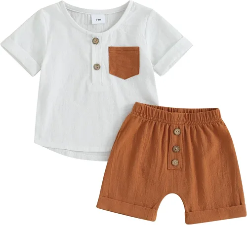 Miniatura 78 de Conjunto de ropa casual de manga corta con botones y pantalones cortos de lino para bebés y niños pequeños
