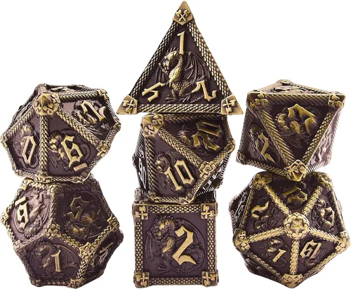 Miniatura 2 de AUSTOR Juego de dados de metal DND de 7 troqueles, juego de dados poliédricos de Calabozos y Dragones con caja D20 D12 D10 D% D8 D6 D4 para Bronce