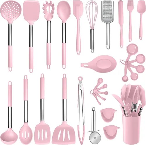 Miniatura 19 de E-far - Juego de utensilios de cocina de silicona, juego de 30 utensilios de cocina con soporte, espátulas de cocina resistentes al calor, cucharón