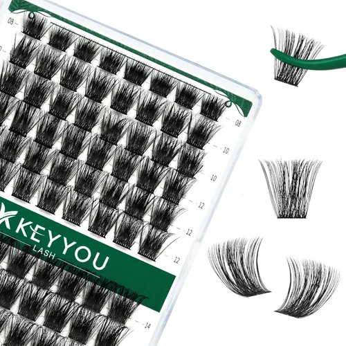 Miniatura 100 de KEYYOU Racimos de pestañas, 96 piezas de extensiones de pestañas DIY, rizado D de 16 mm, negro, realista, no irritante, fácil de colocar en casa