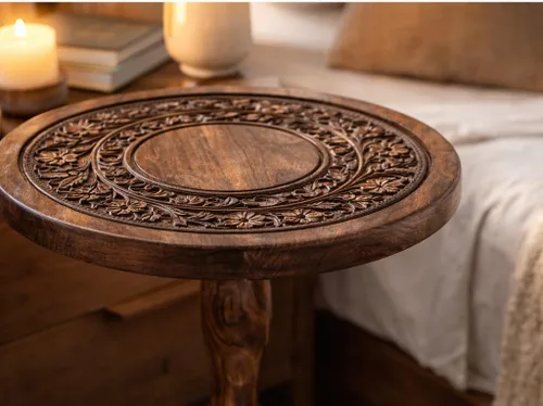 Miniatura 3 de Mesa auxiliar de madera rústica de 12 x 22 pulgadas, mesa auxiliar tallada a mano, mesa de noche con acabado quemado para dormitorio, mesa