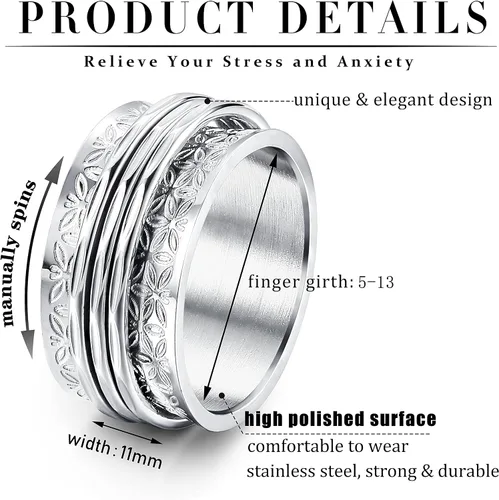 Miniatura 2 de Magitaco Anillos giratorios de acero inoxidable, anillos para ansiedad, anillos de ansiedad para mujeres y hombres