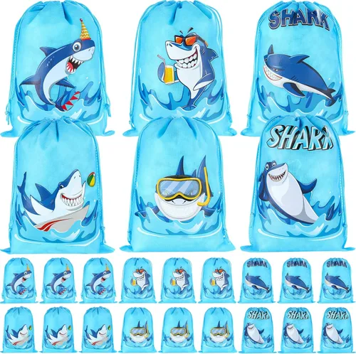 Woanger 24 bolsas con cordón para fiesta de tiburones para niños, bolsas de regalo de fiesta de tiburón, a granel, no tejidas, con cordón, dulces,