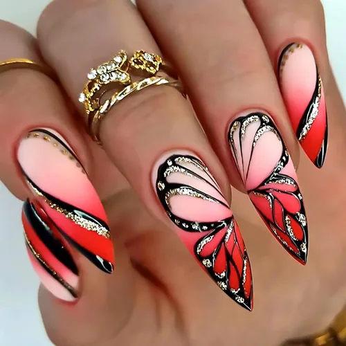 Uñas postizas a presión con degradado rojo, almendra, longitud media, purpurina y líneas negras, uñas postizas de cobertura completa, uñas postizas