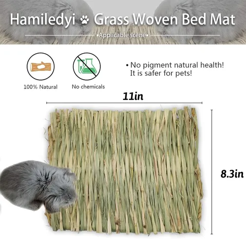 Miniatura 4 de Alfombrilla de césped tejida para animales pequeños, 5 tapetes de hierba, ropa de cama de conejo, nido, juguete para masticar, juguete para jugar