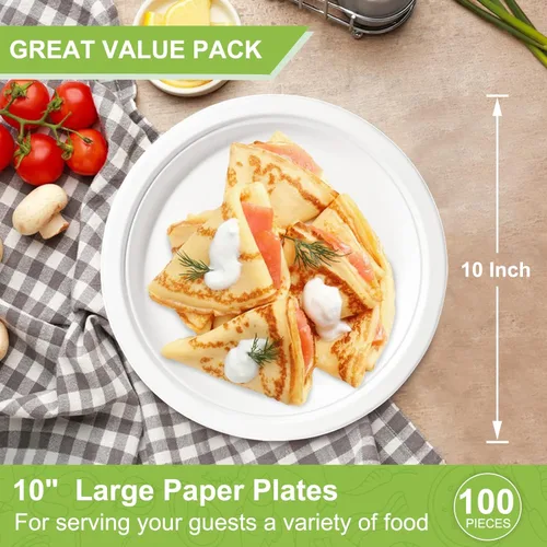 Miniatura 2 de Platos de papel de 10 pulgadas a granel, paquete de 100 platos de papel compostables resistentes, platos de papel blanco, grandes, resistentes