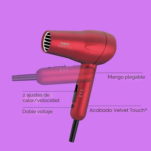 Miniatura 2 de Conair MiniPro Mango plegable Turmalina cerámica Styler/secador de pelo; Rojo