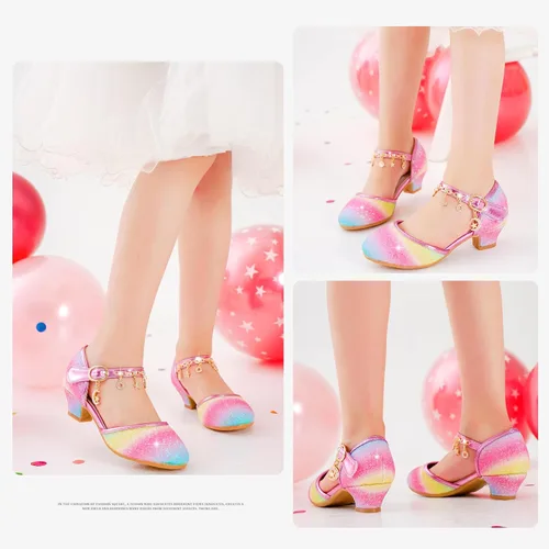 Miniatura 7 de Furdeour Sandalias para niñas con lazo brillante, zapatos de vestir de princesa con tacones altos de cristal, para fiestas, bodas, flores, zapatos
