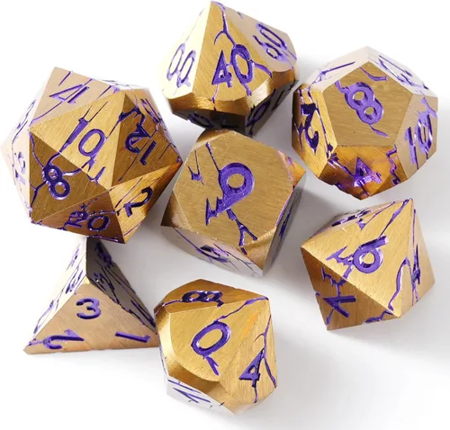 Miniatura 2 de Dados de metal para DND – Ruinas de faraón oro oscuro con grietas moradas – Juego de dados poliédricos para D&D, RPG y más – Bellamente detallados