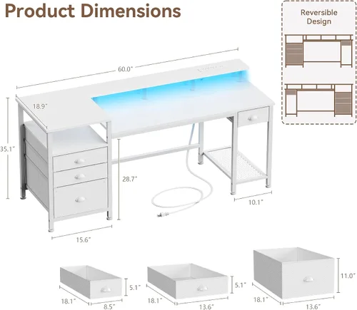 Miniatura 3 de Furologee Escritorio para juegos de 52 pulgadas con luces LED y tomas de corriente, escritorio reversible para computadora con 4 cajones, archivador