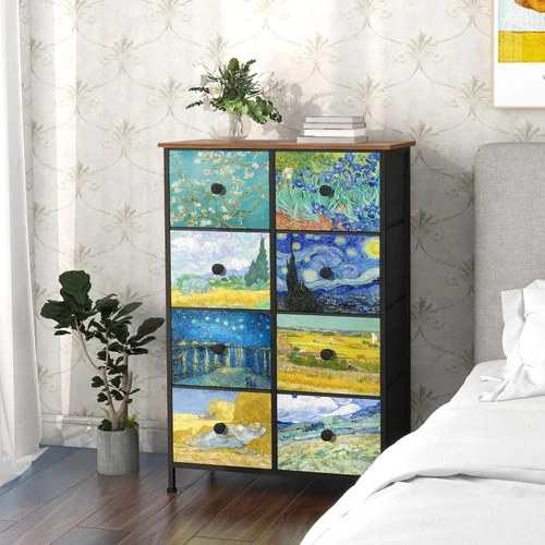 Miniatura 7 de EXOTICA Cómoda alta con 8 cajones para dormitorio, cómoda estrecha de cajones Van Gogh para pasillo, clóset, sala de estar, marco de acero, rústico